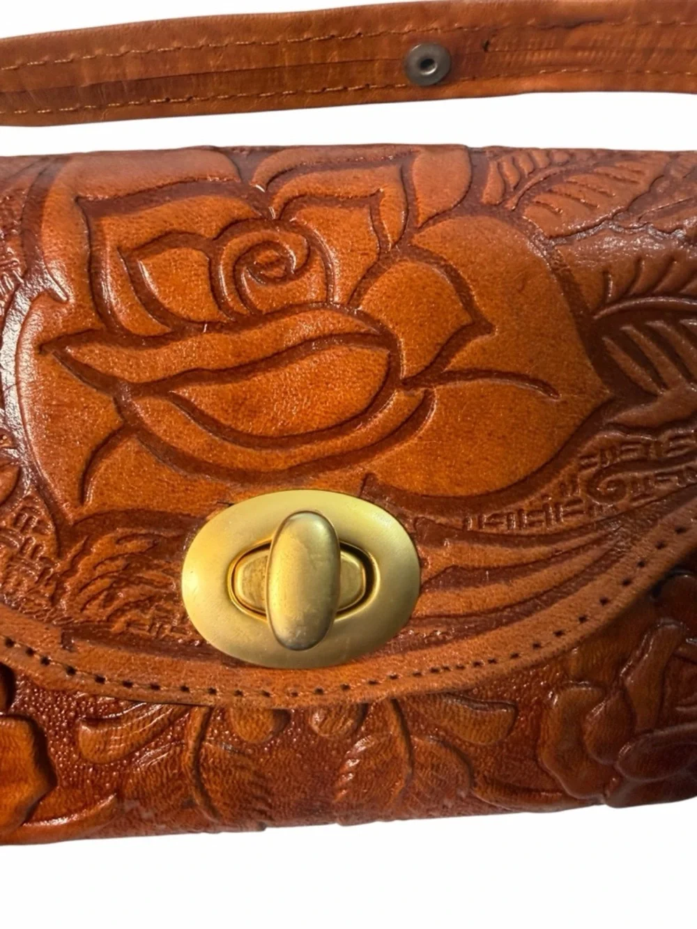 Vintage Cross body Bag Made In Mexico Brown Leather Horse Hair Rose Purse